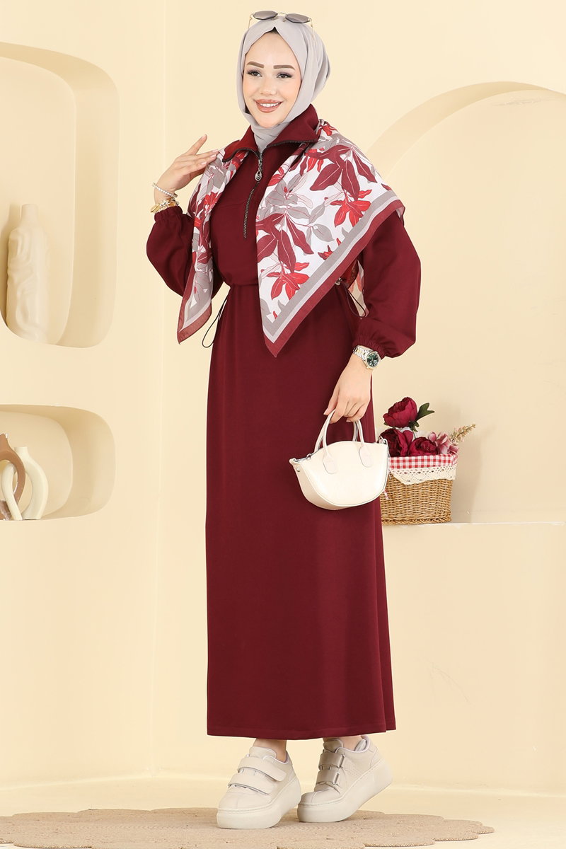 Zip Modal Dress with Gathered Waist - Burgundy