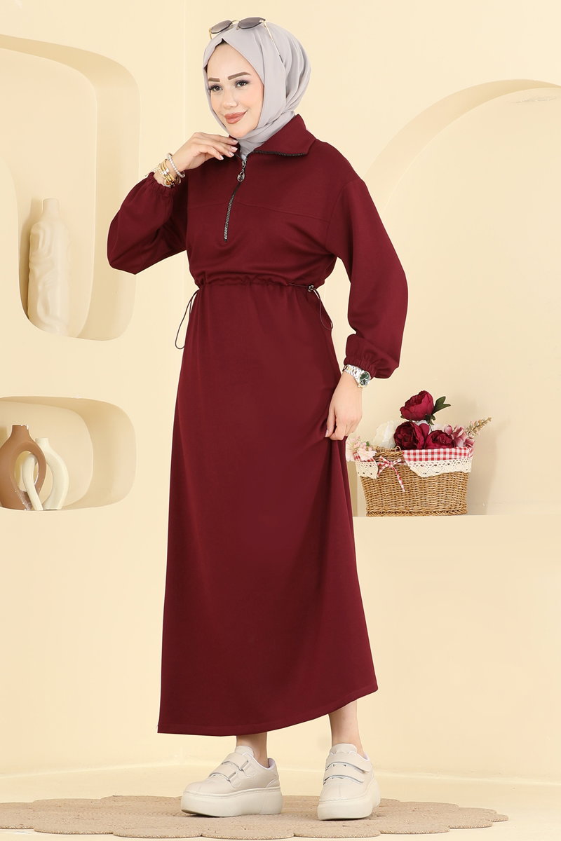 Zip Modal Dress with Gathered Waist - Burgundy