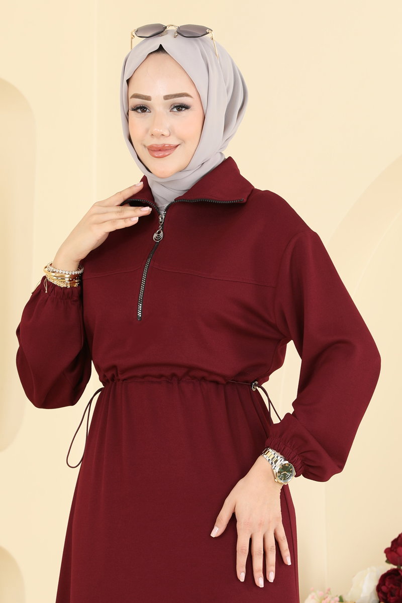 Zip Modal Dress with Gathered Waist - Burgundy