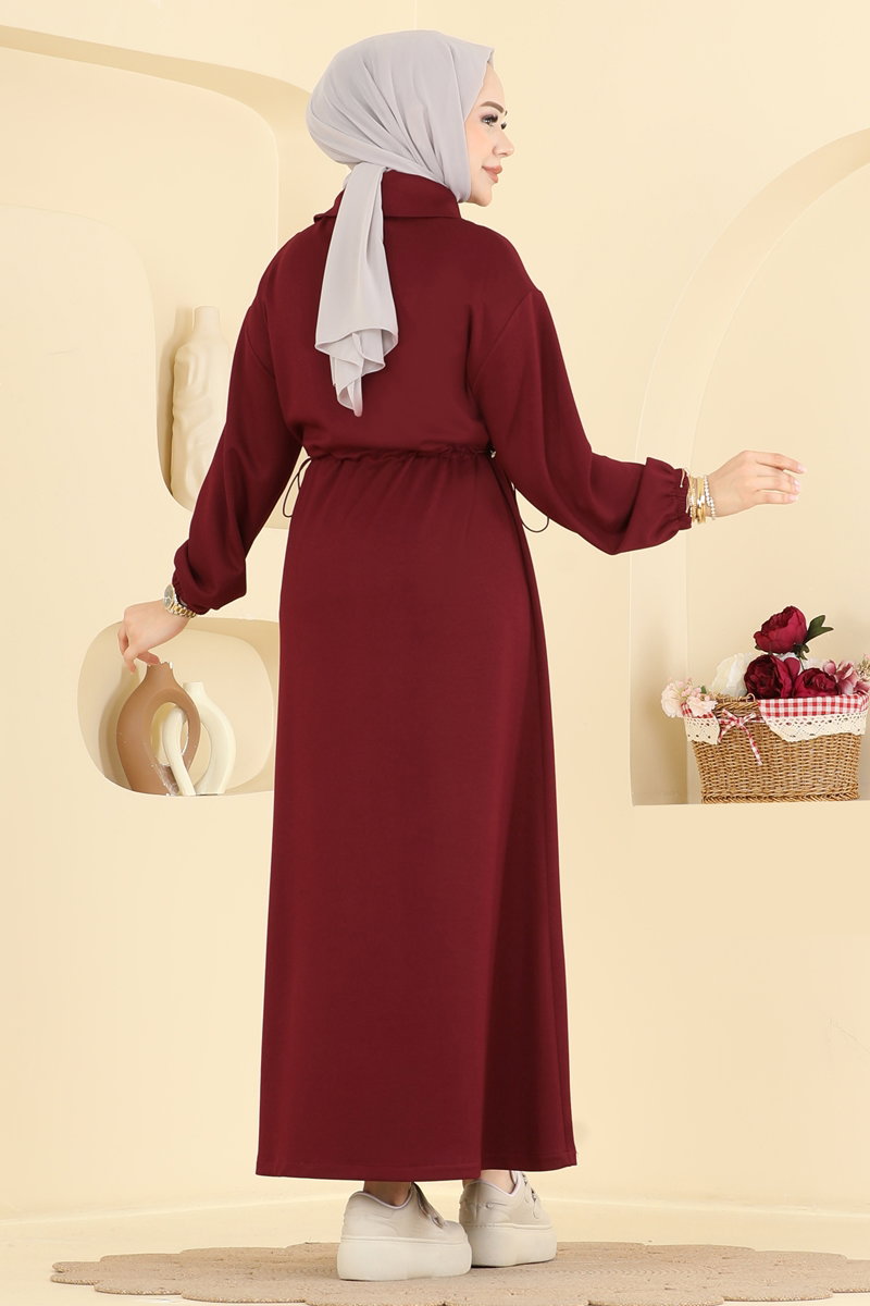 Zip Modal Dress with Gathered Waist - Burgundy