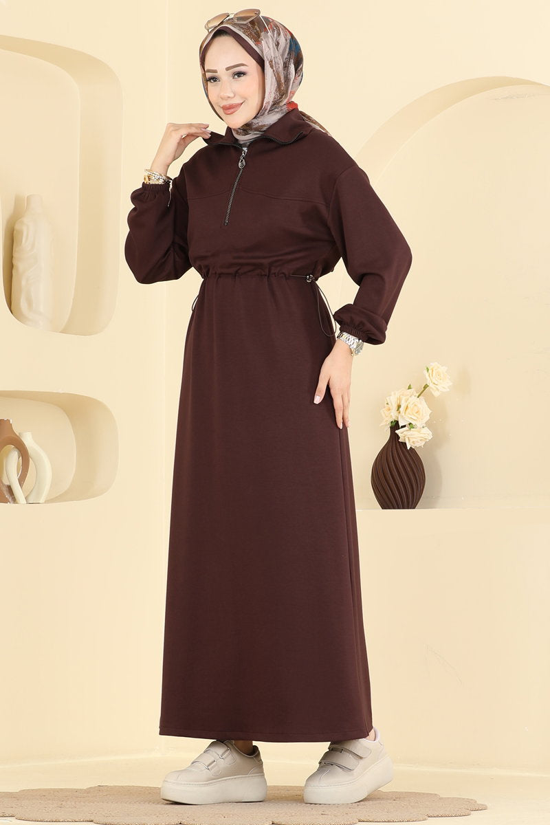 Zip Modal Dress with Gathered Waist - Brown