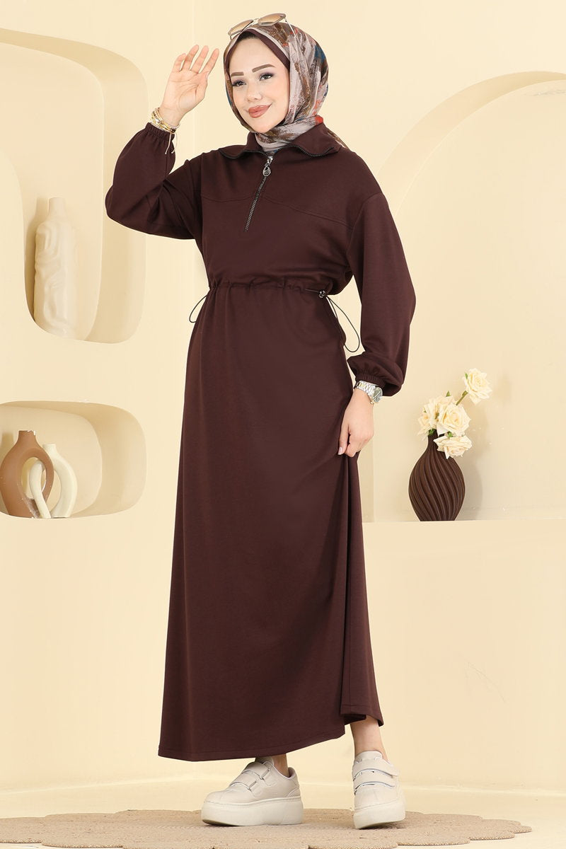 Zip Modal Dress with Gathered Waist - Brown