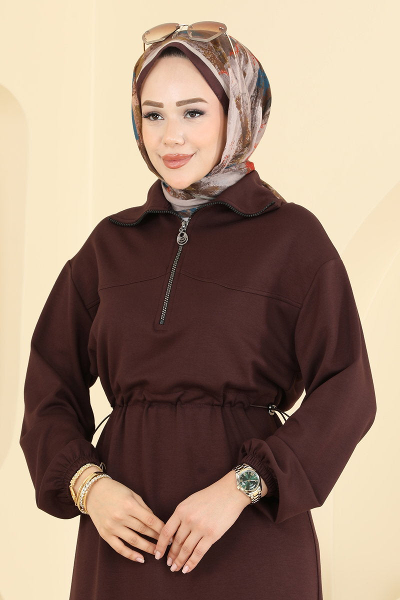 Zip Modal Dress with Gathered Waist - Brown