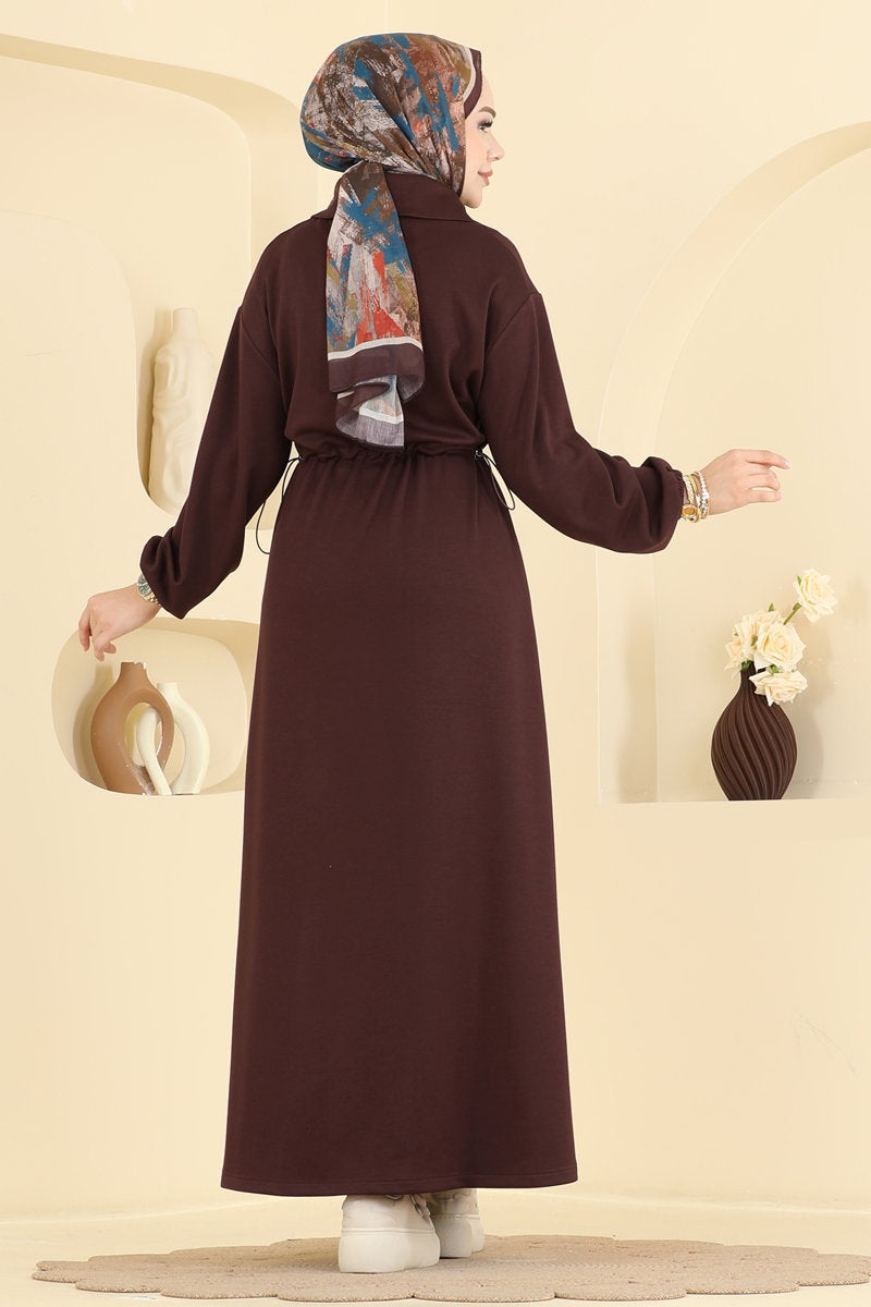 Zip Modal Dress with Gathered Waist - Brown