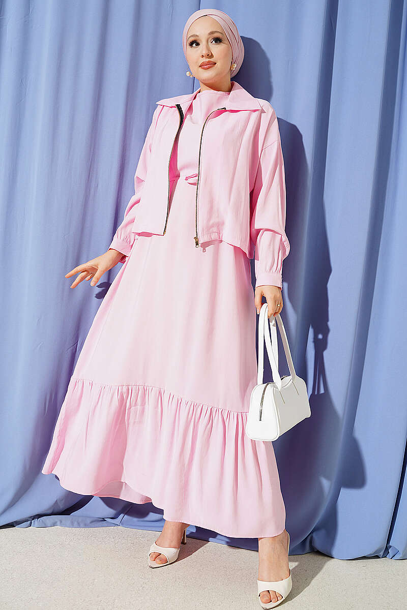 Modal Pinafore Two-Piece Set with Zip Jacket - Pink