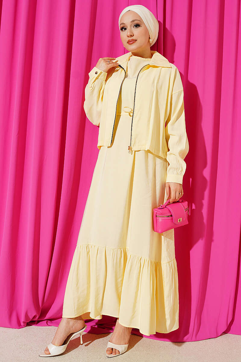 Modal Pinafore Two-Piece Set with Zip Jacket - Yellow