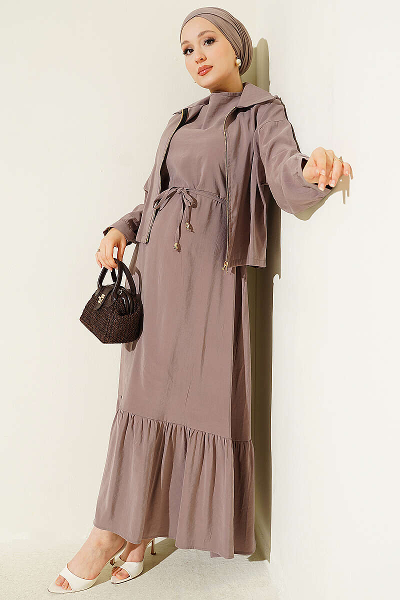 Modal Pinafore Two-Piece Set with Zip Jacket - Mink