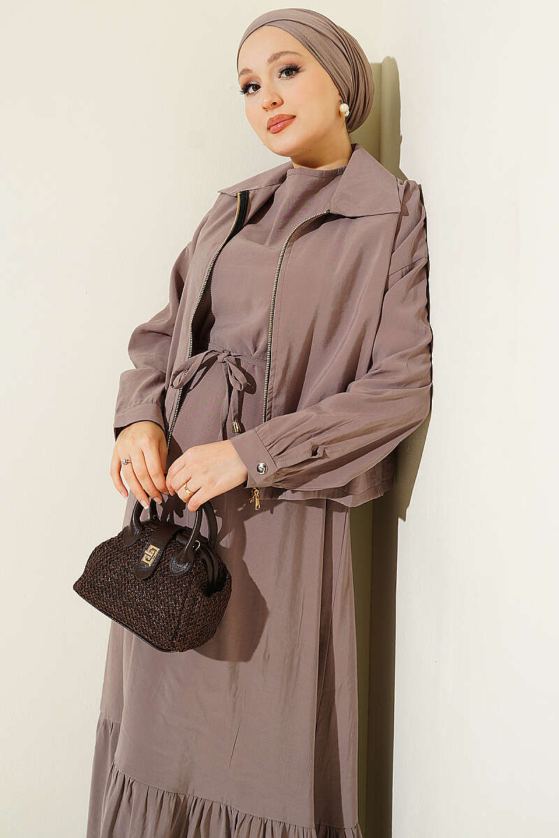 Modal Pinafore Two-Piece Set with Zip Jacket - Mink