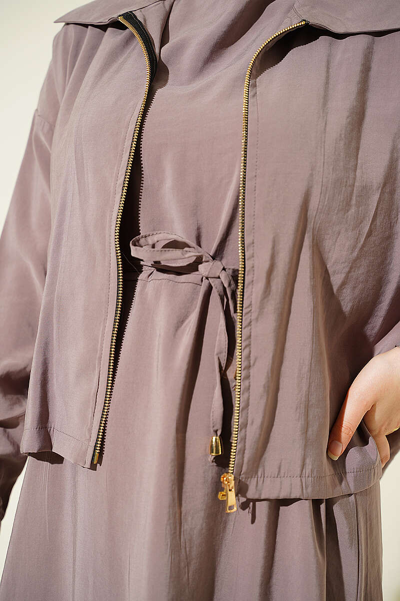 Modal Pinafore Two-Piece Set with Zip Jacket - Mink