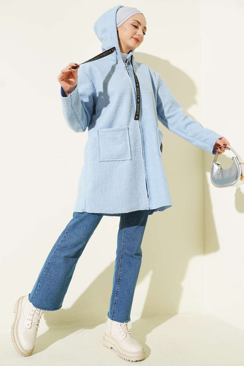 Bouclé Zip Coat with Pocket Badge - Light Blue