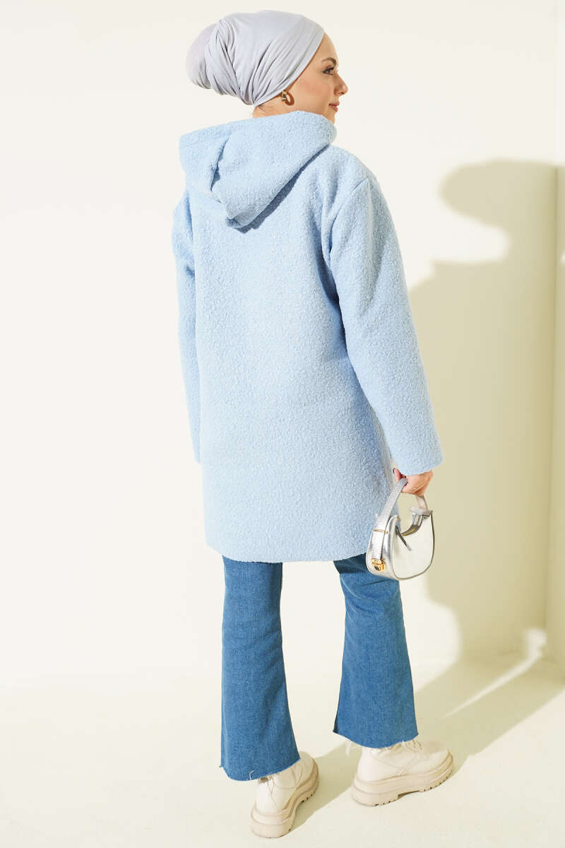 Bouclé Zip Coat with Pocket Badge - Light Blue