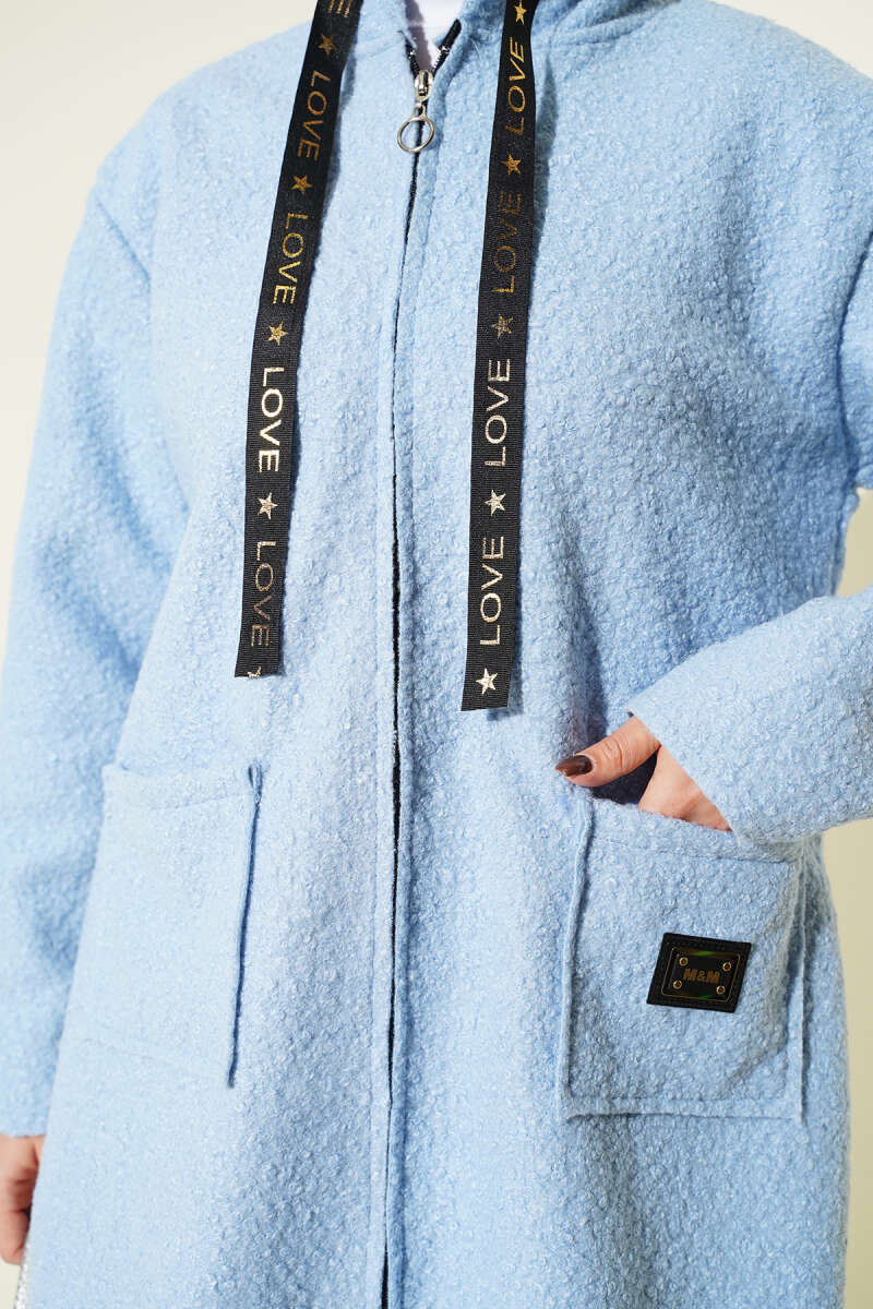 Bouclé Zip Coat with Pocket Badge - Light Blue