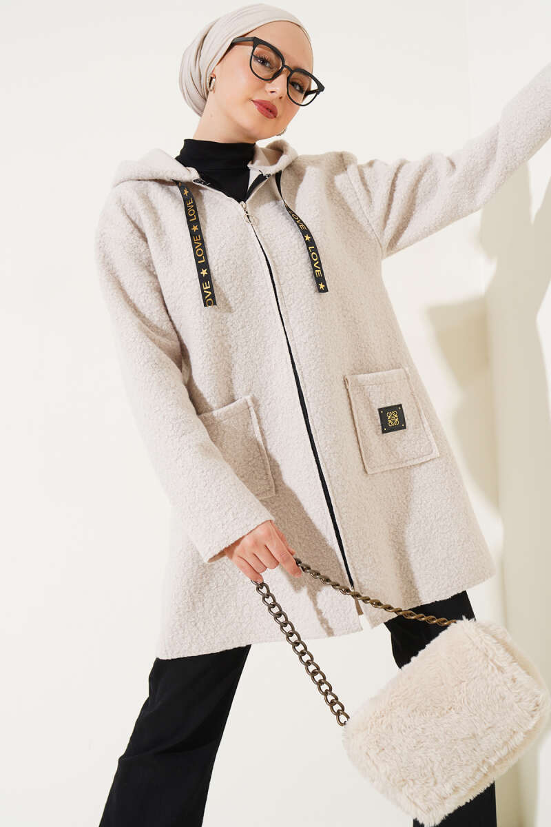 Bouclé Zip Coat with Pocket Badge - Beige