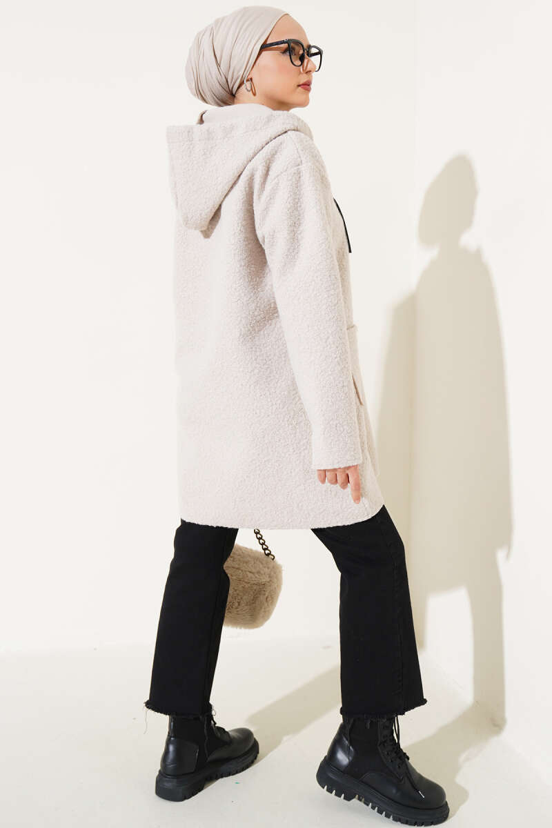 Bouclé Zip Coat with Pocket Badge - Beige