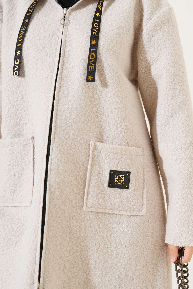 Bouclé Zip Coat with Pocket Badge - Beige