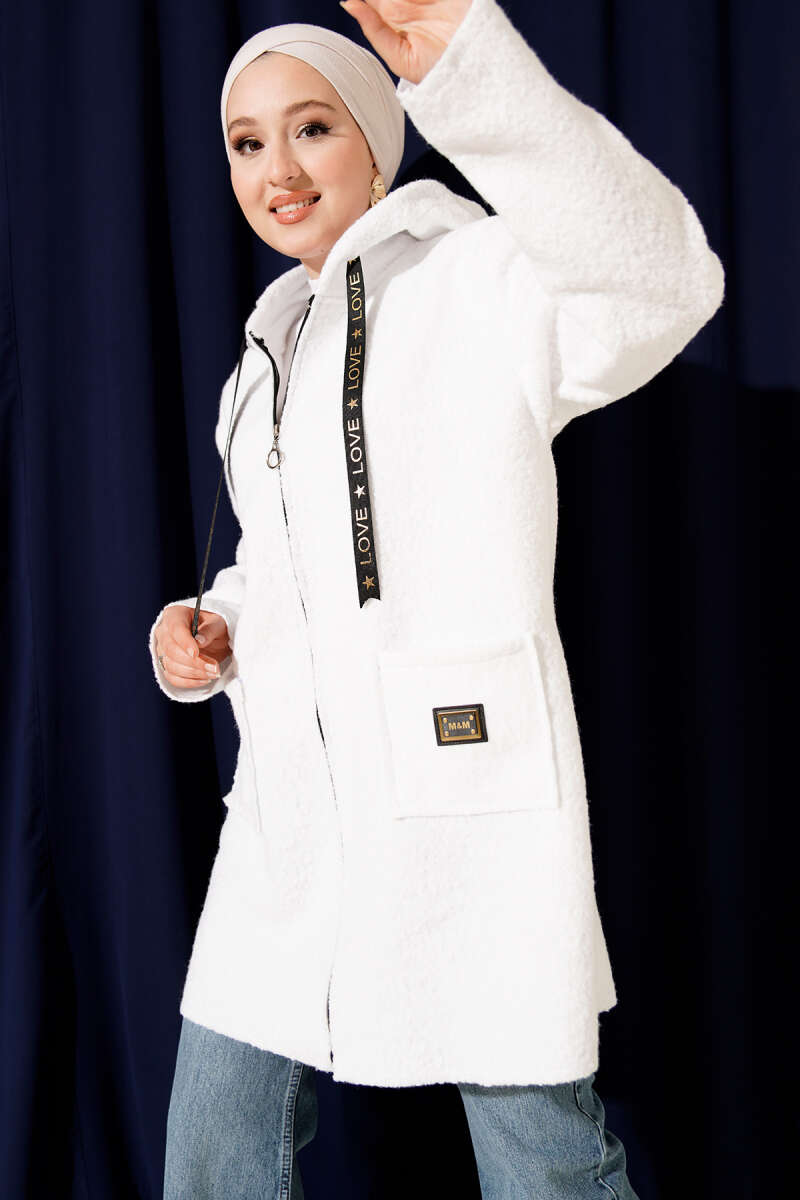 Bouclé Zip Coat with Pocket Badge - White