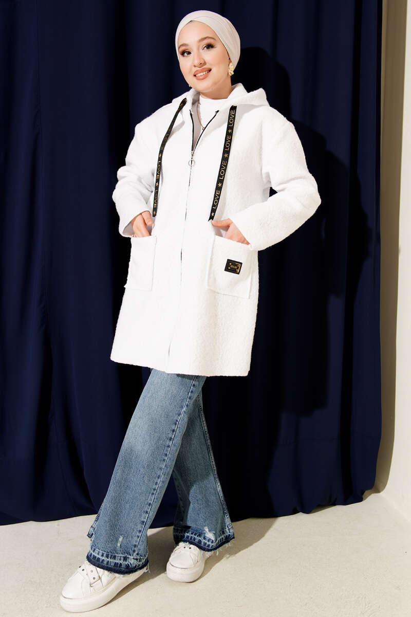 Bouclé Zip Coat with Pocket Badge - White