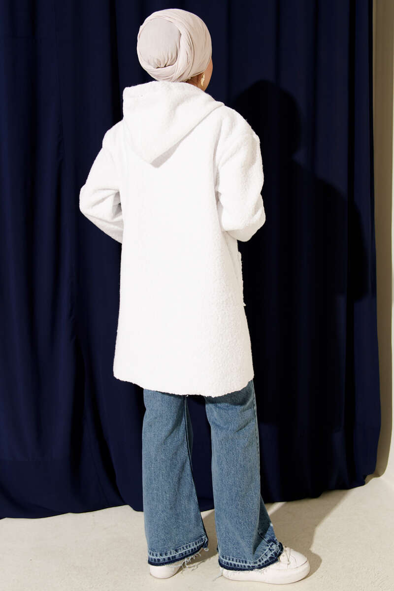 Bouclé Zip Coat with Pocket Badge - White