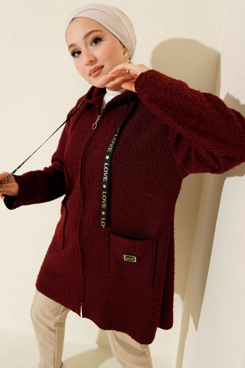 Bouclé Zip Coat with Pocket Badge - Burgundy