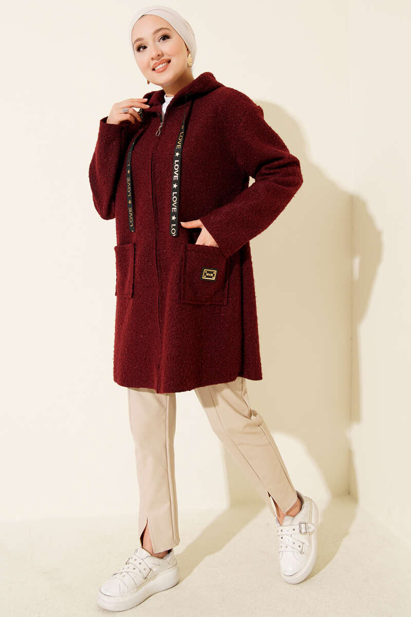 Bouclé Zip Coat with Pocket Badge - Burgundy