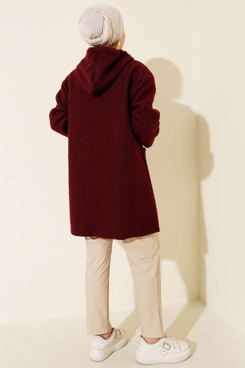 Bouclé Zip Coat with Pocket Badge - Burgundy