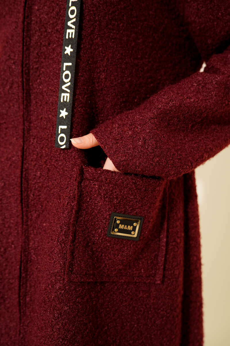 Bouclé Zip Coat with Pocket Badge - Burgundy