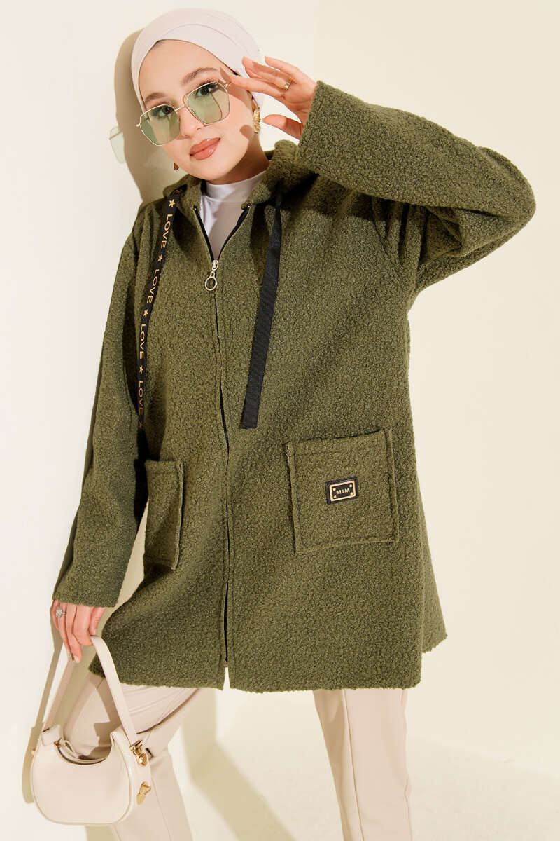 Bouclé Zip Coat with Pocket Badge - Almond Green