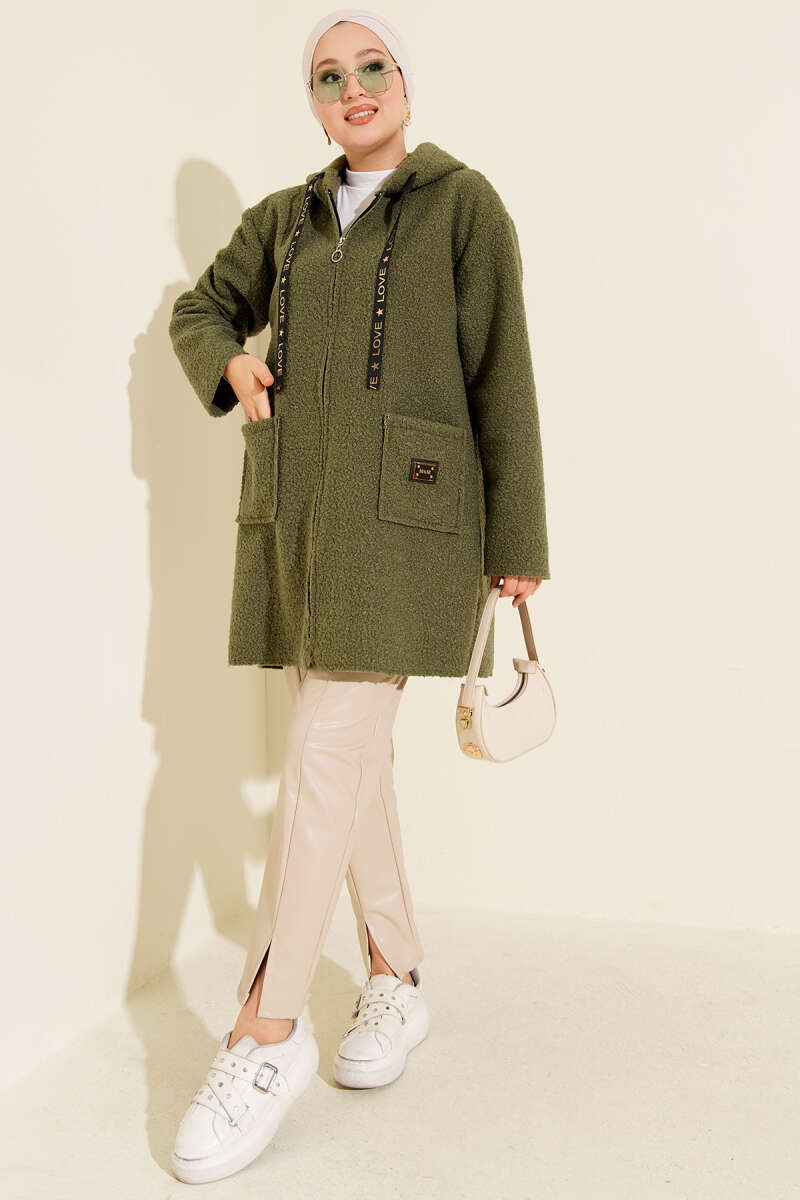 Bouclé Zip Coat with Pocket Badge - Almond Green