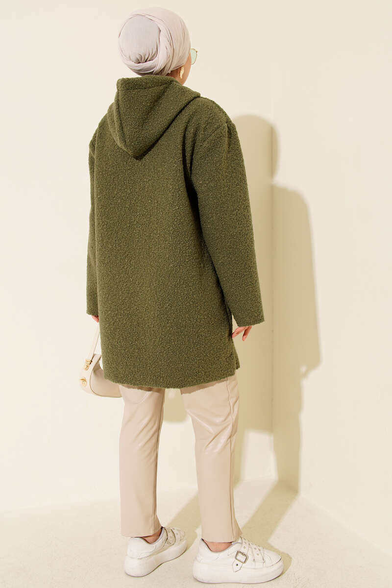 Bouclé Zip Coat with Pocket Badge - Almond Green