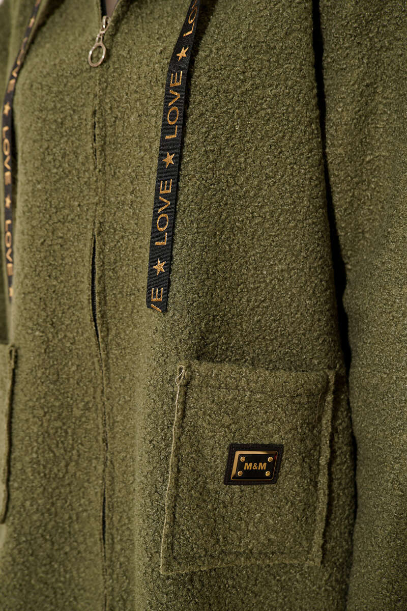 Bouclé Zip Coat with Pocket Badge - Almond Green