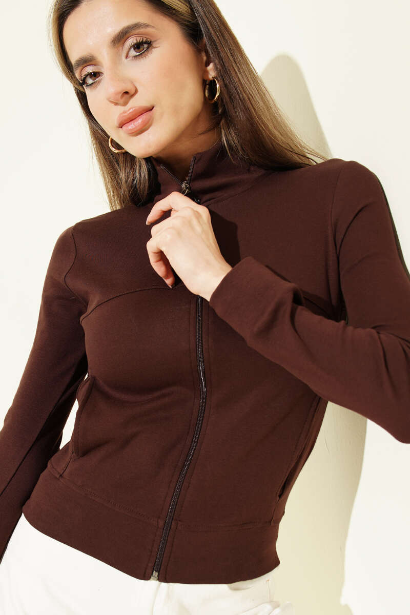Zip-Up Crop Cardigan with Pockets - Brown