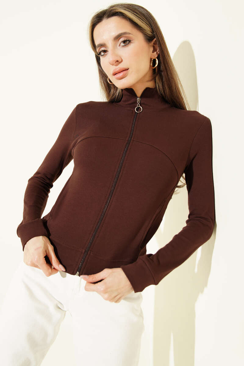 Zip-Up Crop Cardigan with Pockets - Brown