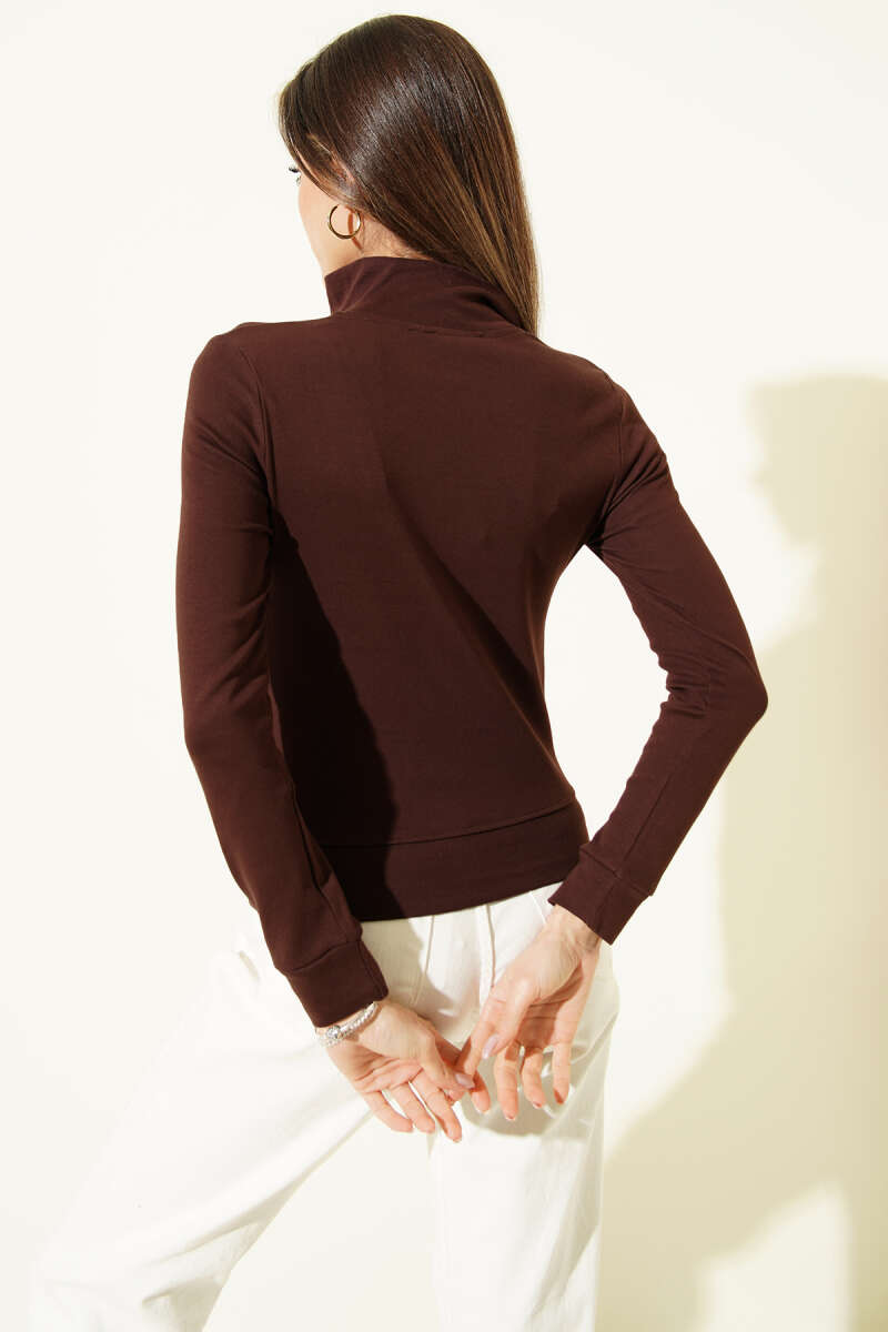 Zip-Up Crop Cardigan with Pockets - Brown