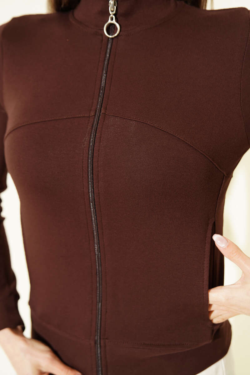 Zip-Up Crop Cardigan with Pockets - Brown