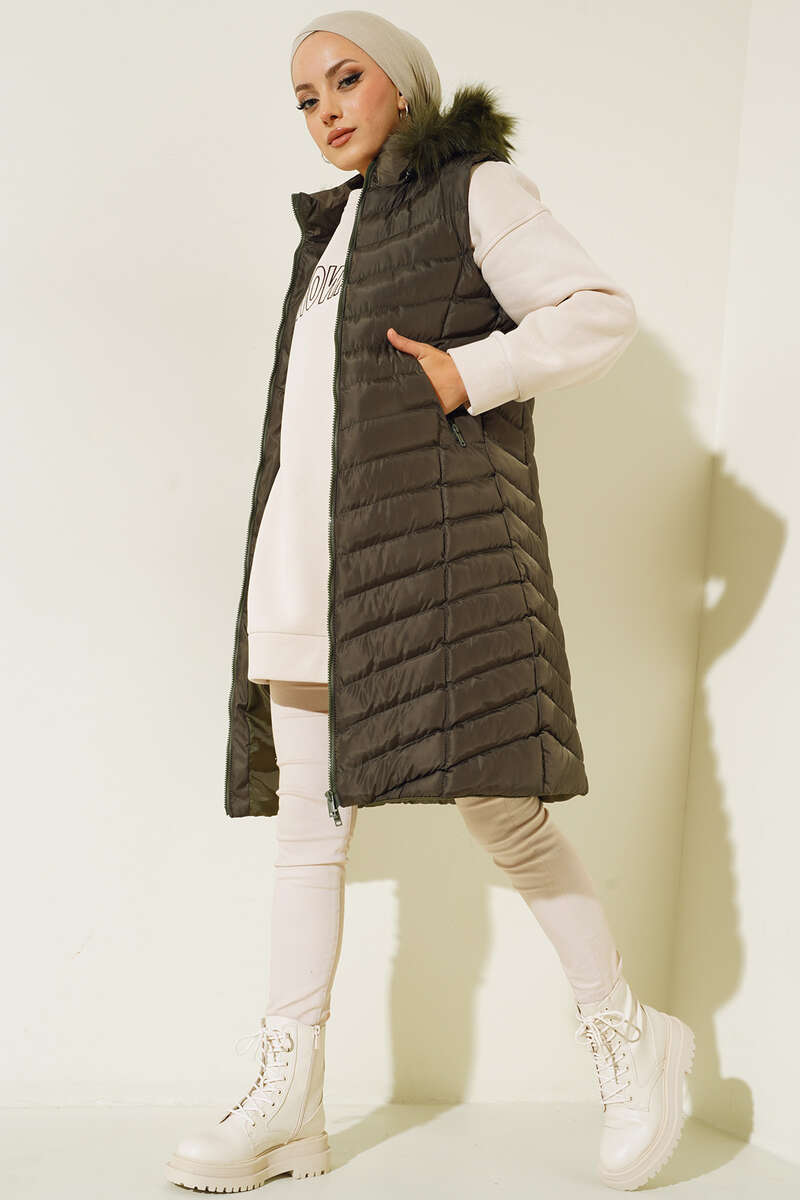 Hooded Zip Puffer Vest with Pockets - Khaki