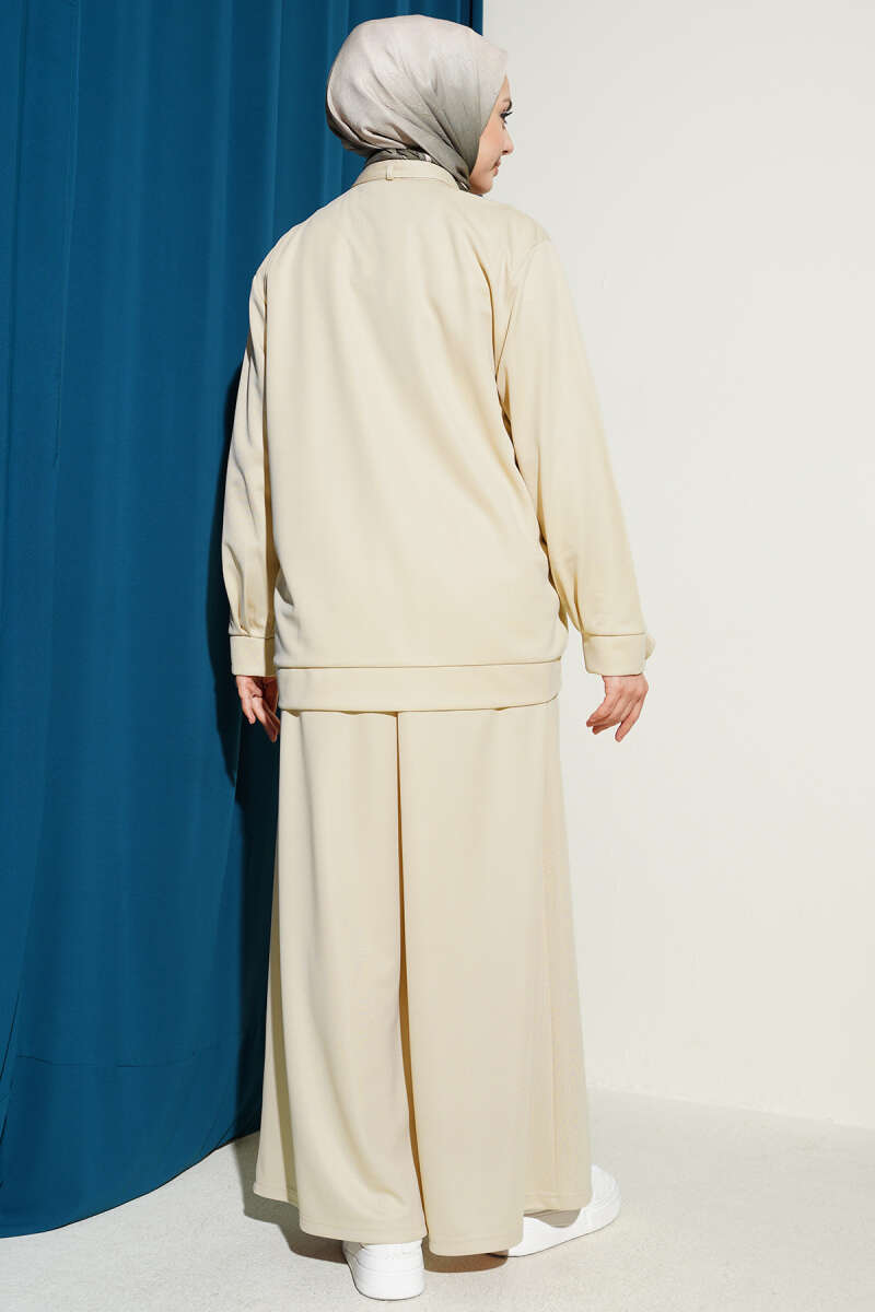 Loose Zip Two-Piece Set with Pockets - Beige