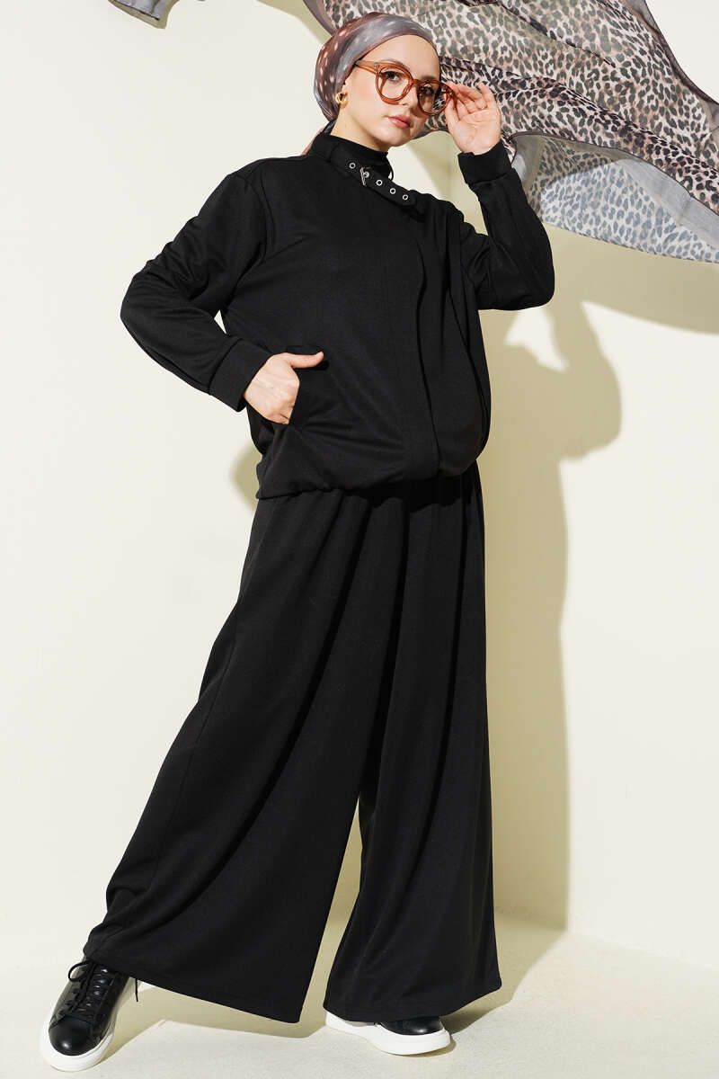 Loose Zip Two-Piece Set with Pockets - Black