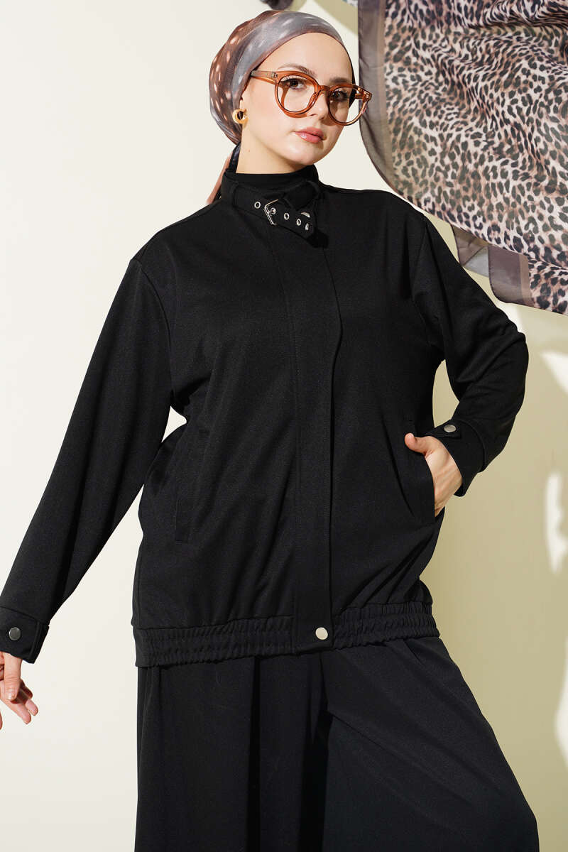 Loose Zip Two-Piece Set with Pockets - Black