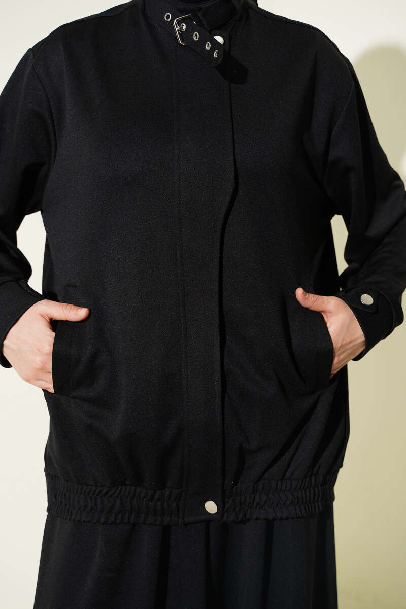 Loose Zip Two-Piece Set with Pockets - Black
