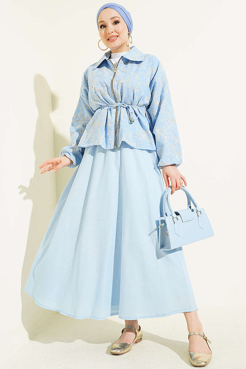 Floral Zip Skirt Set - Light Blue