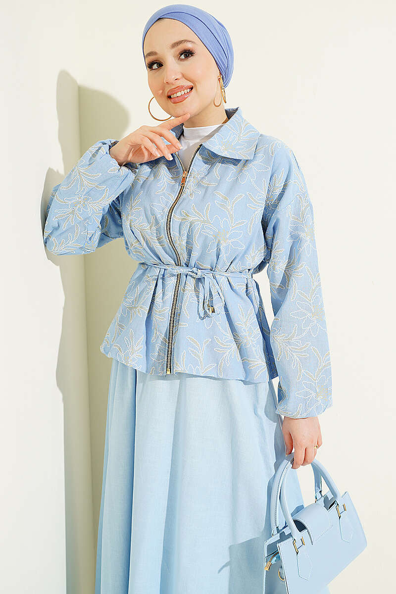 Floral Zip Skirt Set - Light Blue