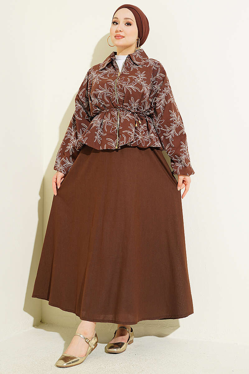 Floral Zip Skirt Set - Brown