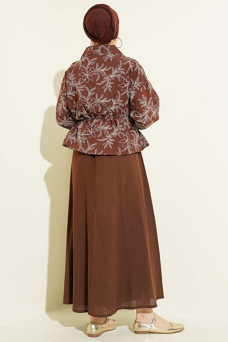 Floral Zip Skirt Set - Brown