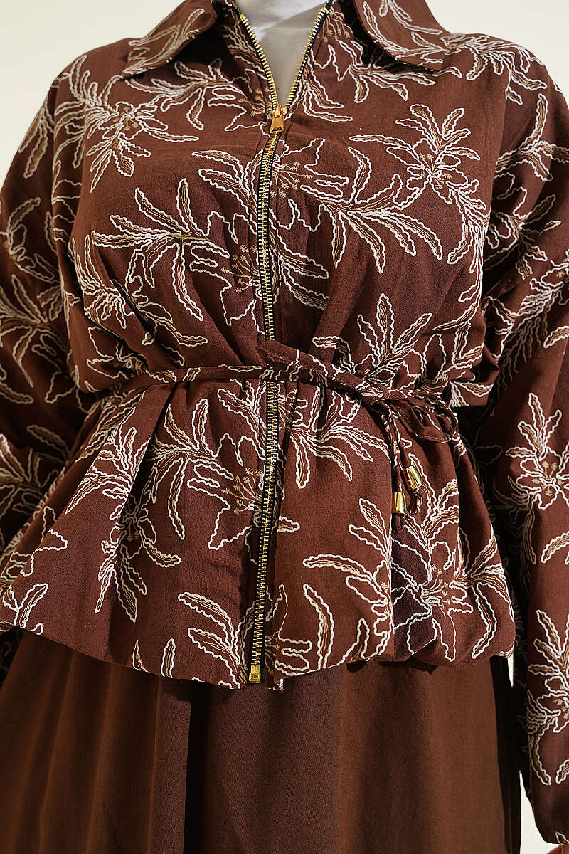 Floral Zip Skirt Set - Brown