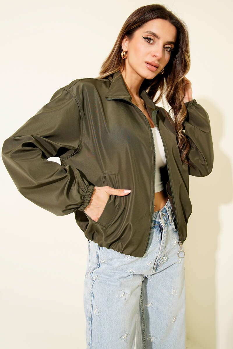 Short Zip Jacket with Two Pockets - Khaki
