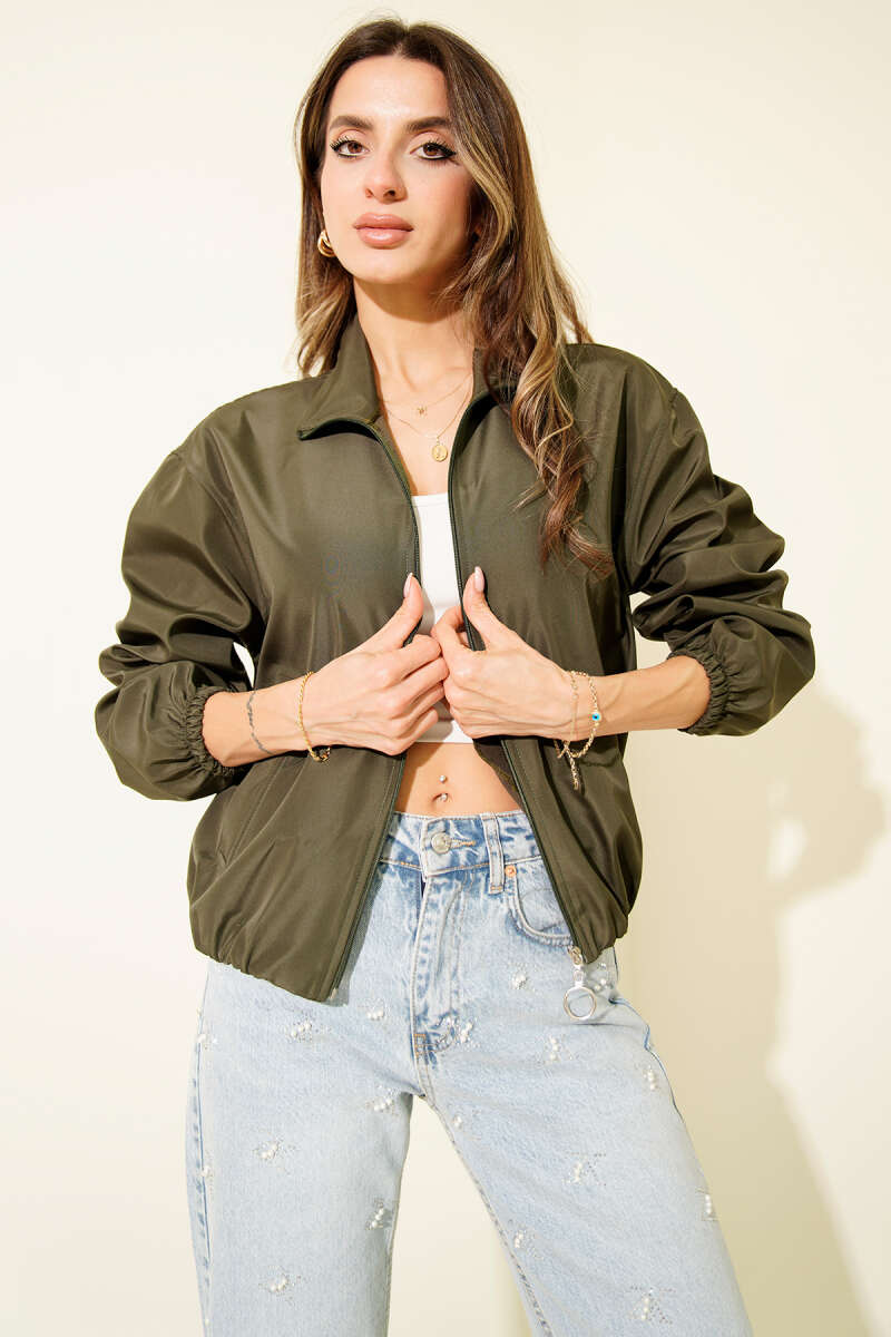 Short Zip Jacket with Two Pockets - Khaki
