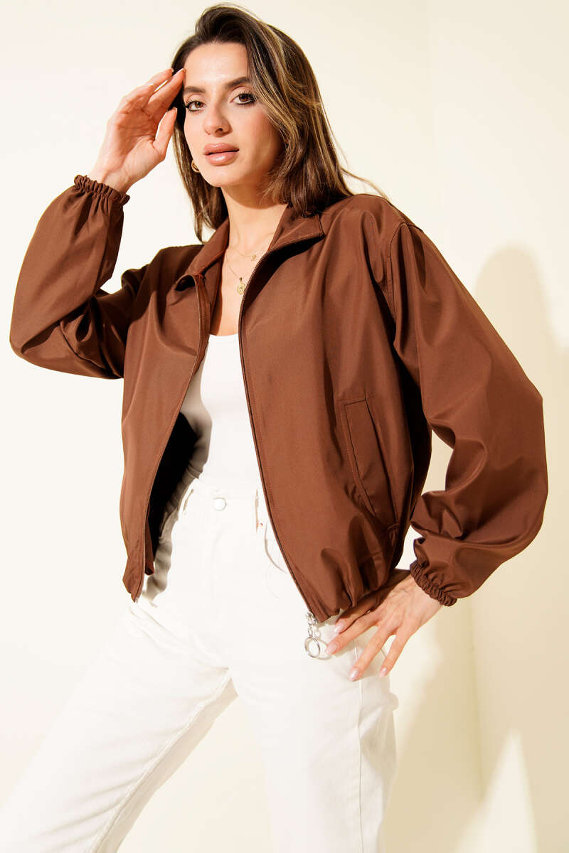 Short Zip Jacket with Two Pockets - Brown