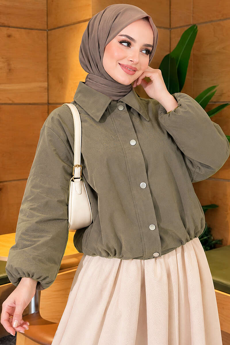 Short Zip-Up Jacket with Snap Buttons - Khaki