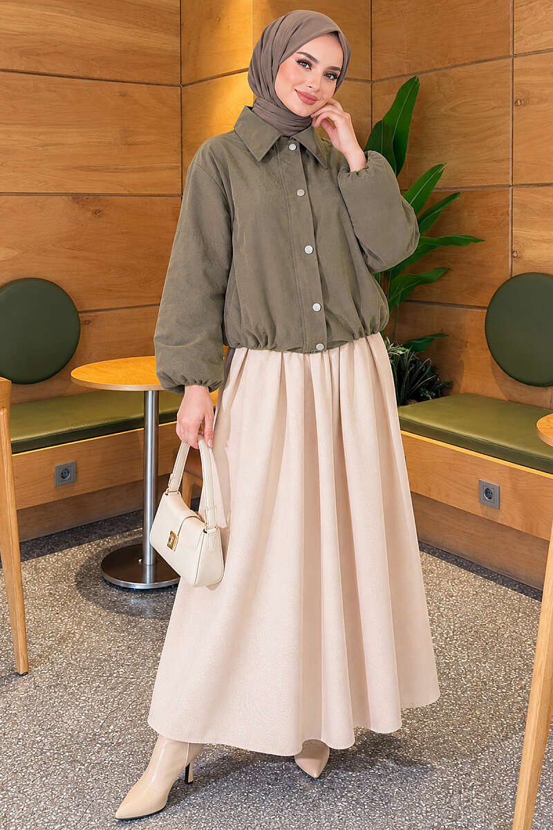 Short Zip-Up Jacket with Snap Buttons - Khaki