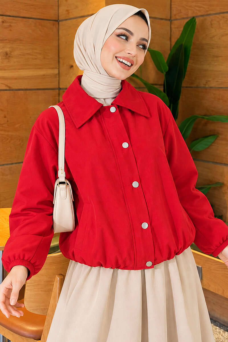 Short Zip-Up Jacket with Snap Buttons - Red